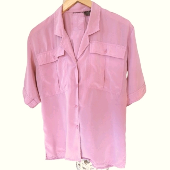 Vintage 80s Safari Style Silky Pink Blouse - Picture 7 of 7
